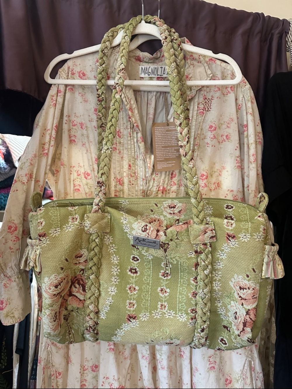 April Cornell for Isabella’s Journey Tapestry Green Pink Floral Rose Tote Bag